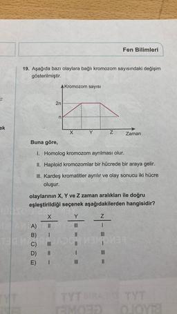 ek
NE
19. Aşağıda bazı olaylara bağlı kromozom sayısındaki değişim
gösterilmiştir.
X
AMA) ||
ABCD
B) |
AKromozom sayısı
C) |||
2n
D) ||
E) |
n
Buna göre,
1. Homolog kromozom ayrılması olur.
II. Haploid kromozomlar bir hücrede bir araya gelir.
III. Kardeş kromatitler ayrılır ve olay sonucu iki hücre
oluşur.
X
olaylarının X, Y ve Z zaman aralıkları ile doğru
eşleştirildiği seçenek aşağıdakilerden hangisidir?
Y
|||
||
= = =
Z
1
Fen Bilimleri
Z
==
Zaman
|||
MER
TYT SIRA TYT
oJoyra
EMOED