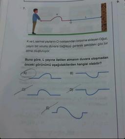 7.
K
Kve L sarmal yaylarını O noktasından birbirine ekleyen Oğuz,
yayın bir ucunu duvara bağlayıp gererek şekildeki gibi bir
atma oluşturuyor.
Buna göre, L yayına iletilen atmanın duvara ulaşmadan
önceki görünümü aşağıdakilerden hangisi olabilir?
A)
B)
DY