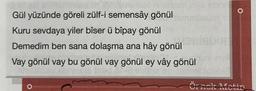 plat ninatam inys sbor
Gül yüzünde göreli zülf-i semensây gönül
Kuru sevdaya yiler bîser ü bîpay gönül
Demedim ben sana dolaşma ana hây gönül
Vay gönül vay bu gönül vay gönül ey vây gönül
O
O
Örnek Motin