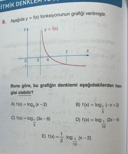 RITMIK DENK
8. Aşağıda y = f(x) fonksiyonunun grafiği verilmiştir.
(9)
y
0
-1
y = f(x)
2 a
7
C) f(x) = log₁ (3x – 6)
5
E) f(x) = -1/2-1
müstə rüniğlisletişə
X
Buna göre, bu grafiğin denklemi aşağıdakilerden han-
gisi olabilir?
A) f(x) = log5 (x − 2)
0)
B) 