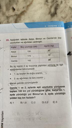 X
ens Yayınları
29. Aşağıdaki tabloda Asiye, Binnur ve Cemile'nin boy
uzunlukları ve ağırlıkları verilmiştir.
Kişiler Boy uzunluğu (cm)
Asiye
Binnur
Cemile
156
●
174
162
» DENEME 11
Ağırlık (kg)
60
601A=92B=68c
15A = 15B = 170
72
Bu üç kişinin 2 ay boyunca