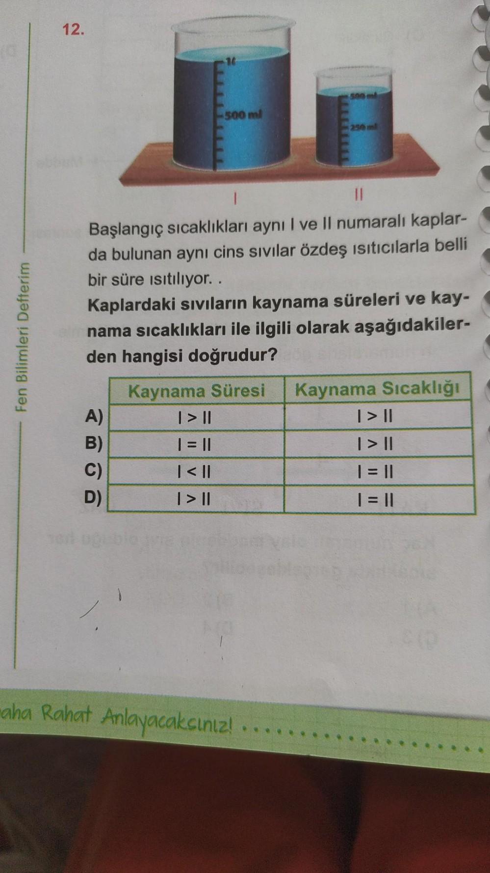 Fen Bilimleri Defterim
12.
500 ml
A)
B)
C)
D)
1
11
Başlangıç sıcaklıkları aynı I ve Il numaralı kaplar-
da bulunan aynı cins sıvılar özdeş ısıtıcılarla belli
bir süre ısıtılıyor..
Kaplardaki sıvıların kaynama süreleri ve kay-
nama sıcaklıkları ile ilgili o