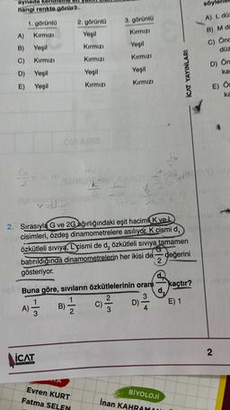 aynada
hangi renkte görür?
1. görüntü
Kırmızı
Yeşil
Kırmızı
A)
B)
C)
D) Yeşil
E) Yeşil
G = 6₂m
A)
73
OM ARIB
ICAT
YAYINLARI
2. görüntü
Yeşil
Kırmızı
Kırmızı
Yeşil
Kırmızı
m-
SUMUY BIO, AX
1089 26
G
v=0.00
2. Sırasıyla G ve 2G ağırlığındaki eşit hacimli K ve
cisimleri, özdeş dinamometrelere asılıyor. K cismi d
özkütleli sıvıya, Lcismi de d, özkütleli sıvıya tamamen
batırıldığında dinamometrelerin her ikisi de
gösteriyor.
değerini
2
Buna göre, sıvıların özkütlelerinin oranı
D) 3/4
3) — 1/12
B)
Evren KURT
Fatma SELEN
3. görüntü
Kırmızı
Yeşil
Kırmızı
Yeşil
Kırmızı
|2|3
(C)=1/12
6-26.0
ICAT YAYINLARI
d₂
BİYOLOJİ
İnan KAHRAM
kaçtır?
E) 1
ső
A) L düz
B) M do
C) Onc
düz
D) On
ka
E) Őr
ka
YU
IVETS
2