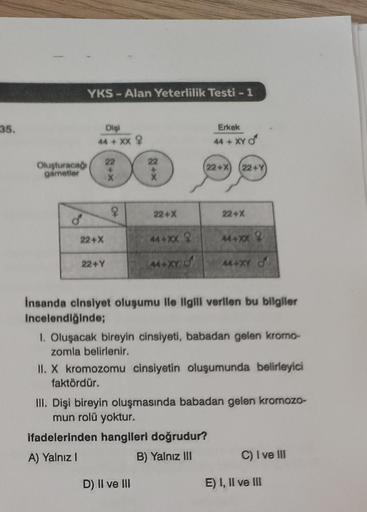 35.
YKS-Alan Yeterlilik Testi - 1
Oluşturacağı
gametler
Digi
44 + XX ?
22+X
22
X
22+Y
8
22
X
D) II ve III
22+X
44+XX 2
M+XY.D
Erkek
44 + XY O
(22+X)
(22+Y)
22+X
44+XX 2
44+XY
insanda cinsiyet oluşumu ile ilgili verilen bu bilgiler
incelendiğinde;
1. Oluşac