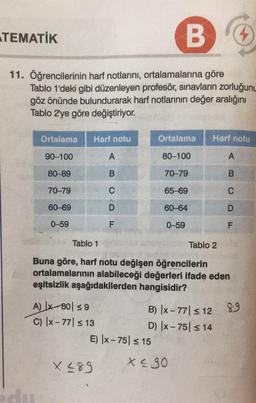 B
11. Öğrencilerinin harf notlarını, ortalamalarına göre
Tablo 1'deki gibi düzenleyen profesör, sınavların zorluğunu
göz önünde bulundurarak harf notlarının değer aralığını
Tablo 2'ye göre değiştiriyor.
TEMATİK
Ortalama
90-100
80-89
70-79
60-69
0-59
du
Harf notu
A) x 80 ≤9
C) |x-77 ≤ 13
A
B
C
D
F
x 389
Ortalama
Tablo 1
Buna göre, harf notu değişen öğrencilerin
ortalamalarının alabileceği değerleri ifade eden
eşitsizlik aşağıdakilerden hangisidir?
E) |x-75 ≤ 15
80-100
70-79
65-69
60-64
0-59
B) |x-77| ≤ 12
D) |x-75| ≤ 14
Harf notu
X ≤ 30
Tablo 2
A
B
C
D
F
89