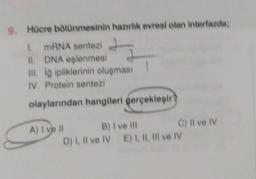 9. Hücre bölünmesinin hazırlık evresi olan interfazda;
5
1. mRNA sentezi
II. DNA eşlenmesi
III. io ipliklerinin oluşması
IV. Protein sentezi
olaylarından hangileri gerçekleşir
A) I ve Il
B) I ve Ill
D) I, II ve IV E) I, II, III ve IV
C) II ve IV