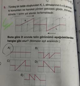 Mez
9. Türdeş bir telde oluşturulan K, L atmalarının t=0 aninda
ki konumları ve hareket yönleri şekildeki gibidir. Atmalar t
sürede 1 birim yol alarak ilerlemektedir.
A)
K
PA
Buna göre 2t anında telin görünümü aşağıdakilerden
hangisi gibi olur? (Bölmeler eşit aralıklıdır.)
C)
B)
BEW
D)
L
M
E)