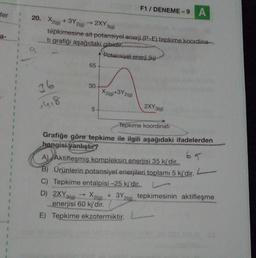 fer
a-
20. X2(g) + 3Y2(g) 2XY,
3(g)
tepkimesine ait potansiyel enerji (P-E) tepkime koordina
ti grafiği aşağıdaki gibidir.
Potansiyel enerji (ki)
36
14.8
65
F1 / DENEME-9 A
TA
30
X2(g) +3Y2(g)
5
2XY3
Y 3(g)
Tepkime koordinati
Grafiğe göre tepkime ile ilgili aşağıdaki ifadelerden
hangisi yanlıştır?
65
A) Aktifleşmiş kompleksin enerjisi 35 kj'dir.
B) Ürünlerin potansiyel enerjileri toplamı 5 kj'dir.
L
C) Tepkime entalpisi -25 kj'dir.
L
D) 2XY 3(g) → X2(g) +3Y2(g) tepkimesinin aktifleşme
enerjisi 60 kj'dir.
E) Tepkime ekzotermiktir.