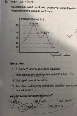 P(g)+L(g) → 2M(g)
tepkimesinin sabit sıcaklıkta potansiyel enerji-tepkime
koordinati grafiği aşağıda verilmiştir.
79
35
28
17
10
0
A Potansiyel enerji (kJ)
1. adım
2. adım
DIT, ve IV
1.27
yargılarından hangileri doğrudur?
Ave H
B) ve III
Tepkime koordinati
Buna göre,
I. 1. adım, 2. adıma göre daha yavaştır.
II. Hızlı adımın geri aktifleşme enerjisi 35 kJ'dir.
III. Net tepkime endotermiktir.
IV. Adımların aktifleşmiş kompleks enerjileri arasındak
fark 44 kJ'dir.
bes
C) I ve IV
EX, Ill ve IV