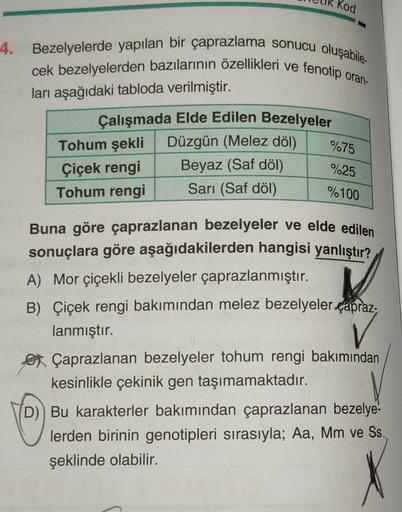 4. Bezelyelerde yapılan bir çaprazlama sonucu oluşabile-
cek bezelyelerden bazılarının özellikleri ve fenotip oran-
ları aşağıdaki tabloda verilmiştir.
Çalışmada Elde Edilen Bezelyeler
Düzgün (Melez döl)
Beyaz (Saf döl)
Sarı (Saf döl)
Kod
Tohum şekli
Çiçek