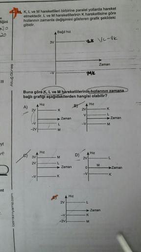 M
tiğini
III
eyt
nt
Altuğ Güneş
bizimkimyamiz.com
11, K, L ve M hareketlileri birbirine paralel yollarda hareket
etmektedir. L ve M hareketlilerinin K hareketlisine göre
hızlarının zamanla değişimini gösteren grafik şekildeki
gibidir.
A)
2V
-V
-2V
e) 3V
2V