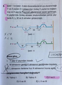 mms 11
6. Şekil-Ive Şekil - Il deki düzeneklerde bir ucu duvara bağlı
Y ve Z yayları O noktasından özdeş X yaylarına bağlan-
mış ve X yayına F kuvveti uygulanarak yaylar gerilmiştir.
X yaylarında özdeş atmalar oluşturulduktan sonra yay-
larda K, L, M ve N atmaları gözlenmiştir.
F
X 19
xiz
X
X
M
K
2d d
D) II ve III
Şekil - I
3d
Şekil - II
L
N
Y
Z
Buna göre,
I. Y yayı Z yayından incedir.
II. M atmasının genliği K atmasının genliğinden büyüktür.
X.
XIII. L atmasının ilerleme hızı N atmasının hızına eşittir.
yargılarından hangileri doğrudur?
A) Yalnız I
B) Yalnız II
E) I, II ve III
tinceder
C) I ve II