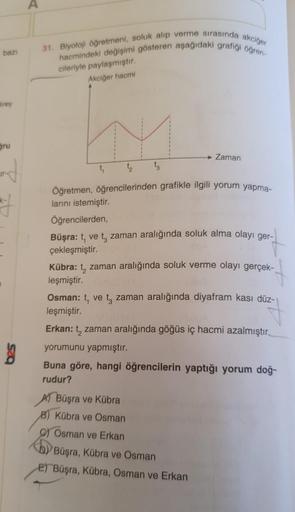 bazı
Birey
Sru
and
A
31. Biyoloji öğretmeni, soluk alıp verme sırasında akciğer
hacmindeki değişimi gösteren aşağıdaki grafiği öğren-
cileriyle paylaşmıştır.
Akciğer hacmi
t₁
t3
t₂
Öğretmen, öğrencilerinden grafikle ilgili yorum yapma-
larını istemiştir.
Z