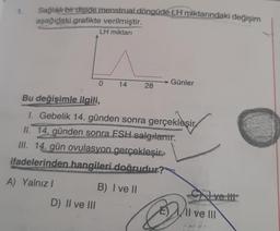 Sağlıklı bir dişide menstrual döngüde LH miktarındaki değişim
aşağıdaki grafikte verilmiştir.
LH miktarı
0
D) II ve III
14
28
Günler
Bu değişimle ilgili,
1. Gebelik 14. günden sonra gerçekleşir
II. 14, günden sonra FSH salgılanır.
III. 14. gün ovulasyon gerçekleşir.
ifadelerinden hangileri doğrudur?
A) Yalnızl
B) I ve II
Ive Itt
Il ve III