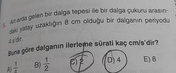 6. Art arda gelen bir dalga tepesi ile bir dalga çukuru arasın-
daki yatay uzaklığın 8 cm olduğu bir dalganın periyodu
4 s'dir.
Buna göre dalganın ilerleme sürati kaç cm/s'dir?
A) 1/12
B)
C) ²
D) 4
E) 8