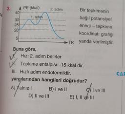 ra
3.
A PE (kkal)
40
30
25
201
5
1.
1. adım
f
Buna göre,
Hızı 2. adım belirler
2. adım
A) Yalnız I
L. Tepkime entalpisi -15 kkal dir.
III. Hızlı adım endotermiktir.
yargılarından hangileri doğrudur?
D) II ve III
Bir tepkimenin
bağıl potansiyel
enerji - tepkime
koordinati grafiği
TK yanda verilmiştir.
B) I ve II
I ve III
E) I, II ve III
CAR