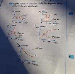 2.
Sağlıklı bir kadının kanındaki östrojen ve LH oranı aşağı-
dakilerden hangisi gibi değişir?
A) Miktar
14
1
Miktar
A
Östrojen
LH
14 28 Günler
Östrojen
-LH
28 Günler
A Miktar
14
LH
B) Miktar
1
28 Günler
DUC
1 14
Östrojen
Miktar
14
LH
Östrojen
28 Günler
28
-LH
Östrojen
Günler
5.
6.