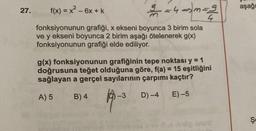 27.
f(x) = x² - 6x + k
2=4-=-2/²
fonksiyonunun grafiği, x ekseni boyunca 3 birim sola
ve y ekseni boyunca 2 birim aşağı ötelenerek g(x)
fonksiyonunun grafiği elde ediliyor.
9
g(x) fonksiyonunun grafiğinin tepe noktası y = 1
doğrusuna teğet olduğuna göre, f(a) = 15 eşitliğini
sağlayan a gerçel sayılarının çarpımı kaçtır?
A) 5
B) 4
D)-4
E)-5
100g sve
aşağı
Şe