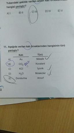 2
Yukarıdaki şekilde verilen amort kat
hangisi yanlıştır?
A) I
B) II
A)
B)
C)
D)
E
11. Aşağıda verilen katı örneklerinden hangisinin türü
yanlıştır?
Kati
Au
gaz
CO₂
KCI
C) I
H₂O
Dondurma
D) IV E) V
Türü
Metalik
Kovalent
İyonik ✓
✓
Moleküler
Amorf