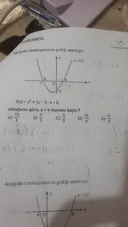 PARABOL
Aşağıda f fonksiyonunun grafiği verilmiştir.
A)
f(x) = x² + (a-1).x+b
olduğuna göre, a + b toplamı kaçtır?
13
4
B)
(2) (
5/2
B
A O
y = f(x)
y
Aşağıda í fonksiyonunun grafiği verilmiştir.
3
C)/2 D) 1/5/20
4
B
y=f(x)
(p)
NATTIMATKE
E) 1/1/2