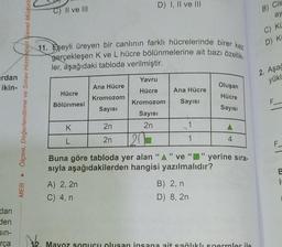 rdan
ikin-
dan
den
sin-
rça
MEB
Ölçme, Değerlendirme ve Sınav Hizmetleri Genel Müdürle
C) II ve III
11. Eşeyli üreyen bir canlının farklı hücrelerinde birer kez
gerçekleşen K ve L hücre bölünmelerine ait bazı özellik-
ler, aşağıdaki tabloda verilmiştir.
Hücre
Bölünmesi
K
L
Ana Hücre
Kromozom
Sayısı
A) 2, 2n
C) 4, n
D) I, II ve III
2n
2n
Yavru
Hücre
Kromozom
Sayısı
2n
Ana Hücre
Sayısı
1
1
Oluşan
Hücre
Sayısı
20
Buna göre tabloda yer alan "A" ve "" yerine sıra-
sıyla aşağıdakilerden hangisi yazılmalıdır?
B) 2, n
D) 8, 2n
A
4
M. Mavoz sonucu olusan insana ait sağlıklı spermler ile
B) Cis
ay
C) KL
D) K
2. Aşağ
yükl
F_
B
is