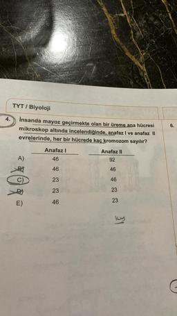 4.
TYT / Biyoloji
İnsanda mayoz geçirmekte olan bir üreme ana hücresi
mikroskop altında incelendiğinde, anafaz I ve anafaz II
evrelerinde, her bir hücrede kaç kromozom sayılır?
A)
E)
Anafaz I
46
46
23
23
46
Anafaz II
92
46
46
23
23
6.