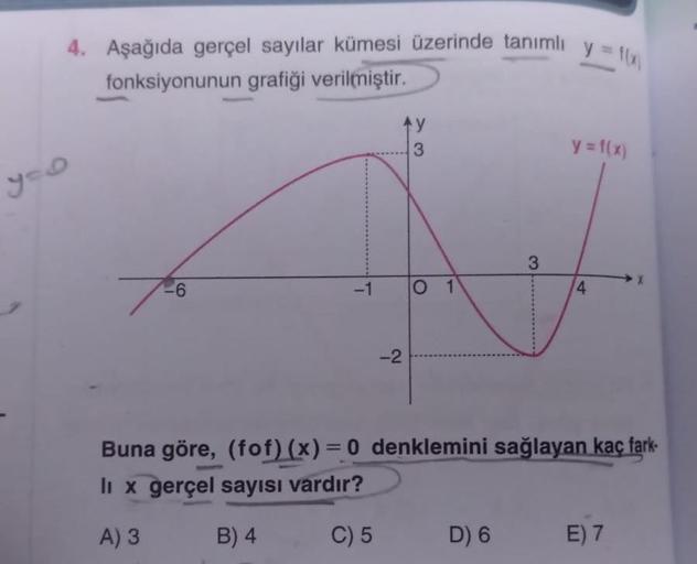 4. Aşağıda gerçel sayılar kümesi üzerinde tanımlı y = f(x)
fonksiyonunun grafiği verilmiştir.
y=o
-6
-1
ty
3
-2
O 1
3
D) 6
y = f(x)
4
Buna göre, (fof)(x) = 0 denklemini sağlayan kaç fark
lix gerçel sayısı vardır?
A) 3
B) 4
C) 5
X
E) 7