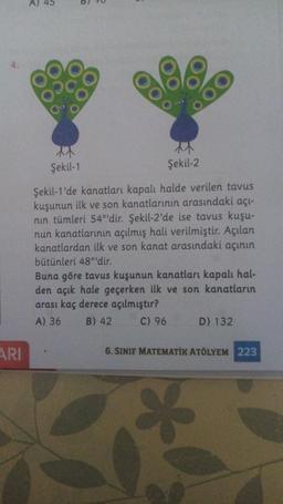 4.
ARI
A)
OO
Şekil-1
Şekil-2
Şekil-1'de kanatları kapalı halde verilen tavus
kuşunun ilk ve son kanatlarının arasındaki açı-
nın tümleri 54°'dir. Şekil-2'de ise tavus kuşu-
nun kanatlarının açılmış hali verilmiştir. Açılan
kanatlardan ilk ve son kanat arasındaki açının
bütünleri 48°'dir.
Buna göre tavus kuşunun kanatları kapalı hal-
den açık hale geçerken ilk ve son kanatların
arası kaç derece açılmıştır?
A) 36
B) 42
C) 96
D) 132
6. SINIF MATEMATİK ATÖLYEM 223