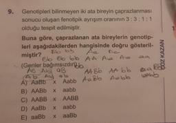 9. Genotipleri bilinmeyen iki ata bireyin çaprazlanması
sonucu oluşan fenotipik ayrışım oranının 3:3:1:1
olduğu tespit edilmiştir.
Buna göre, çaprazlanan ata bireylerin genotip-
leri aşağıdakilerden hangisinde doğru gösteril-
Ae
miştir?
Bb bb
Bb Bb bb AA A6 Ava
(Genler bağımsızdır
AB Ab B
45 Aig ob
A) AaBb x Aabb
aabb
AA Bb AA bb
Aabb Aa8b Aubb
B) AABb x
C) AABB x AABB
D) AaBb x aabb
E) aaBb
X
aaBb
69
labb
ÇÖZ KAZAN
1