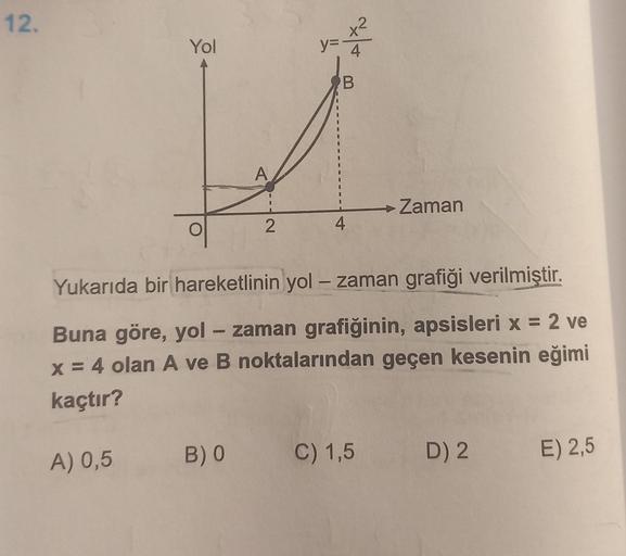 12.
Yol
A
B) 0
2
4
B
4
Yukarıda bir hareketlinin yol - zaman grafiği verilmiştir.
Buna göre, yol - zaman grafiğinin, apsisleri x = 2 ve
x = 4 olan A ve B noktalarından geçen kesenin eğimi
kaçtır?
A) 0,5
> Zaman
C) 1,5
D) 2
E) 2,5