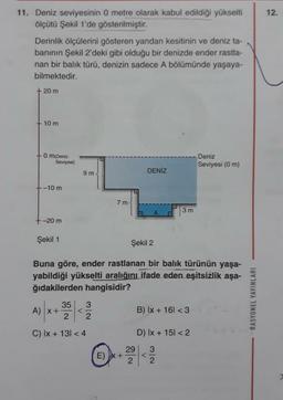 11. Deniz seviyesinin 0 metre olarak kabul edildiği yükselti
ölçütü Şekil 1'de gösterilmiştir.
Derinlik ölçülerini gösteren yandan kesitinin ve deniz ta-
banının Şekil 2'deki gibi olduğu bir denizde ender rastla-
nan bir balık türü, denizin sadece A bölümünde yaşaya-
bilmektedir.
+ 20 m
10 m
0 m(Deniz
Seviyesi)
+-10 m
+-20 m
Şekil 1
9 m-
3/2
7m
35
A) x + <
2
C) Ix + 131 <4
E) x +
Şekil 2
Buna göre, ender rastlanan bir balık türünün yaşa-
yabildiği yükselti aralığını ifade eden eşitsizlik aşa-
ğıdakilerden hangisidir?
29
2
DENİZ
A
<
3 m
B) Ix + 161 < 3
D) Ix + 151 < 2
3
2
Deniz
Seviyesi (0 m)
RASYONEL YAYINLARI
12.