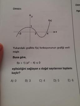 ÖRNEK:
1
A) 0
2
Yukarıdaki grafikte f(x) fonksiyonunun grafiği veril-
miştir.
Buna göre,
f(x + 1).(x² - 4) ≤ 0
eşitsizliğini sağlayan x doğal sayılarının toplamı
kaçtır?
B) 3
f(x)
C) 4
D) 5
E) 6
ÖRN
Aşa