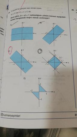 kg)
nden
liğin-
kaç
bir gerçek sayı olmak üzere,
C pozitif
x/s Cise-C sxs C dir.
lerden hangisinde doğru olarak verilmiştir?
Buna göre, Ix + y s 1 eşitsizliğinin çözüm kümesi aşağıdaki-
/uzmanyayinlari
1
-1
E)
Ay
1
-1
28.
A
e
81