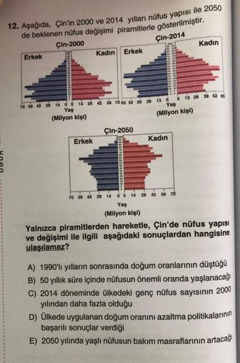 12. Aşağıda, Çin'in 2000 ve 2014 yılları nüfus yapısı ile 2050
de beklenen nüfus değişimi piramitlerle gösterilmiştir.
Çin-2000
Çin-2014
Erkek
70 56 42 28
14 0 0
Yaş
(Milyon kişi)
Kadın Erkek
14 28 42 56 70 65 52 39 26 13 0 0 13 26 39 52 65
Yaş
(Milyon kiş