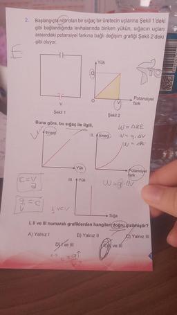 E
2. Başlangıçta nötr olan bir sığaç bir üretecin uçlarına Şekil 1'deki
gibi bağlandığında levhalarında biriken yükün, sığacın uçları
arasındaki potansiyel farkına bağlı değişim grafiği Şekil 2'deki
gibi oluyor.
E=V
11
V
Şekil 1
Buna göre, bu sığaç ile ilgili,
Enerji
vev
III. A Yük
Yük
Dve III
C
Q
= qt
II.
Yük
V
Şekil 2
Enerji
Sto
Potansiyel
fark
W=AKE
W = 9₁ AV
/W = APE'
Sığa
I, II ve III numaralı grafiklerden hangileri doğru çizilmiştir?
A) Yalnız I
B) Yalnız II
Yalnız III
Potansiyel
fark
w=9&v
ve III