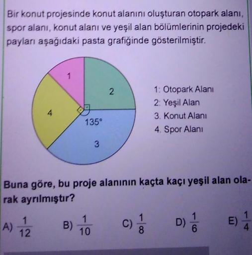 Bir konut projesinde konut alanını oluşturan otopark alanı,
spor alanı, konut alanı ve yeşil alan bölümlerinin projedeki
payları aşağıdaki pasta grafiğinde gösterilmiştir.
A)
A
1
12
1
135°
B)
Buna göre, bu proje alanının kaçta kaçı yeşil alan ola-
rak ayrı