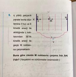 9. q yüklü parçacık
paralel levha düz- K
lemine 9 hızı ve E
kinetik enerji ile
atıldığında L nok-
tasından 3E'lik
kinetik enerji ile
geçip M noktası-
na çarpmaktadır.
EOS
9
sub M
36
3E
P
og elvishods V
+
ival
neb
divel
M
Buna göre cismin M noktasına çarpma hızı kaç
9'dir? (Yerçekimi ve sürtünmeler önemsizdir.)
enstog ulva
Zandi