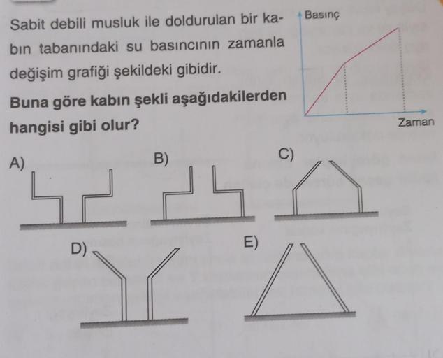 Sabit debili musluk ile doldurulan bir ka-
bin tabanındaki su basıncının zamanla
değişim grafiği şekildeki gibidir.
Buna göre kabın şekli aşağıdakilerden
hangisi gibi olur?
A)
B)
D)
Basınç
C)
2
E)
YA
Zaman