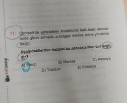 Kafadengi
11. Osmanlı'da şehzadeler Anadolu'da belli başlı sancak-
Osma
larda görev almışlar, o bölgeyi merkez adına yönetmiş-
Terdir
Aşağıdakilerden hangisi bu sancaklardan biri değil
dir?
A) Sinop
B) Manisa
D) Trabzon
C) Amasya
E) Kütahya