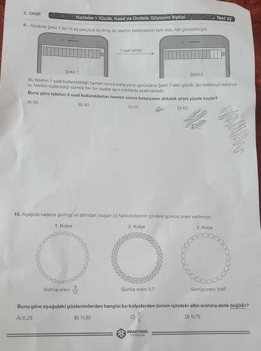 5. SINIF
Yüzdeler
Yüzde, Kesir ve Ondalık Gösterim İlişkisi
⁹. Aşağıda Şekil 1'de 15 eş parçaya ayrılmış bir telefon bataryasının tam dolu hâli gösterilmiştir.
1 saat sonra
Şekil 1
Şekil 2
Bu telefon 1 saat kullanıldıktan hemen sonra bataryanın görünümü Şe