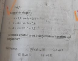 3.
log b
ifadesinin değeri
1.
II. a = 0,3 ve b = 0,8
III. a = 0,4 ve b = 1,27
a = 1,2 ve b = 2,4 =
yukarıda verilen a ve b değerlerinin hangileri için
negatiftir?
A) Yalnız I
B) Yalnız III
Jog2
D) II ve III
E) I ve III
C) I ve II