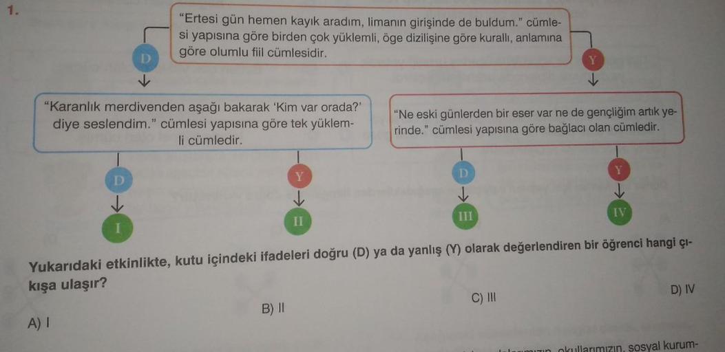 1.
"Ertesi gün hemen kayık aradım, limanın girişinde de buldum." cümle-
si yapısına göre birden çok yüklemli, öge dizilişine göre kurallı, anlamına
göre olumlu fiil cümlesidir.
"Karanlık merdivenden aşağı bakarak 'Kim var orada?'
diye seslendim." cümlesi y