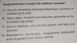 Aşağıdakilerden hangisi tek yüklemli cümledir?
P
A) Zorunlu olmadıkça özel araç kullanmayın, yürümeyi ve
bisikleti tercih edin.
B) Sakız ağacı;
Anadolu'nun batısında, güneyinde ve Sa-
kız Adası'nda yetişir.
C) Çok su tüketiyor, çok yolculuk yapıyor, çok fazla yiyip
içiyoruz.
D) Başkalarının davranışları, duygularımızı tetikleyebilir
ama duygularımızın nedeni olamaz.