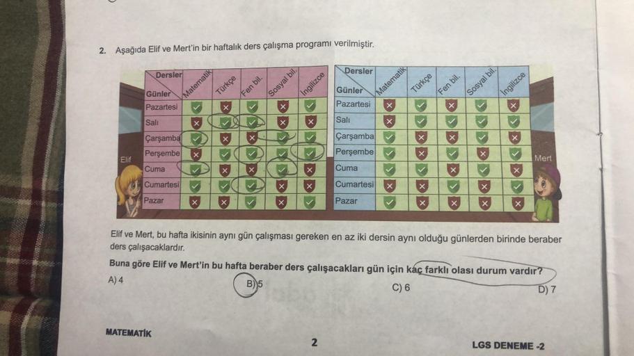 2. Aşağıda Elif ve Mert'in bir haftalık ders çalışma programı verilmiştir.
Elif
Günler
Pazartesi
Dersler
Sali
Çarşamba
Perşembe
Cuma
Cumartesi
Pazar
Matematik
MATEMATİK
X
X
X
Fen bil.
Türkçe
Sosyal bil
+
Ingilizce
X
✓X X
X ✓ X ✓
Dersler
Günler
Pazartesi
2