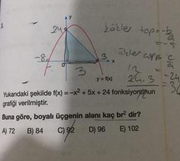 3.
-8d
248
3
kökler top=-be
3xx
X
aller coppa e
12
24.3
y = f(x)
Yukarıdaki şekilde f(x) = -x² + 5x + 24 fonksiyonunun
grafiği verilmiştir.
Buna göre, boyalı üçgenin alanı kaç br² dir?
A) 72 B) 84
C) 92
D) 96
E) 102
-24
=36