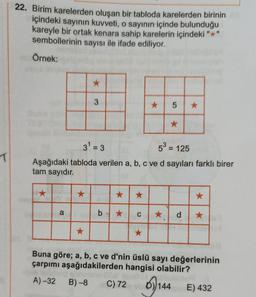 T
22. Birim karelerden oluşan bir tabloda karelerden birinin
içindeki sayının kuvveti, o sayının içinde bulunduğu
kareyle bir ortak kenara sahip karelerin içindeki "*"
sembollerinin sayısı ile ifade ediliyor.
Örnek:
★
a
3
3¹ = 3
= 125
Aşağıdaki tabloda verilen a, b, c ve d sayıları farklı birer
tam sayıdır.
★
*
★ 5 ★
*
★
b★ C ★ d
*
Buna göre; a, b, c ve d'nin üslü sayı değerlerinin
çarpımı aşağıdakilerden hangisi olabilir?
A) -32
B)-8 C) 72
14
104
E) 432