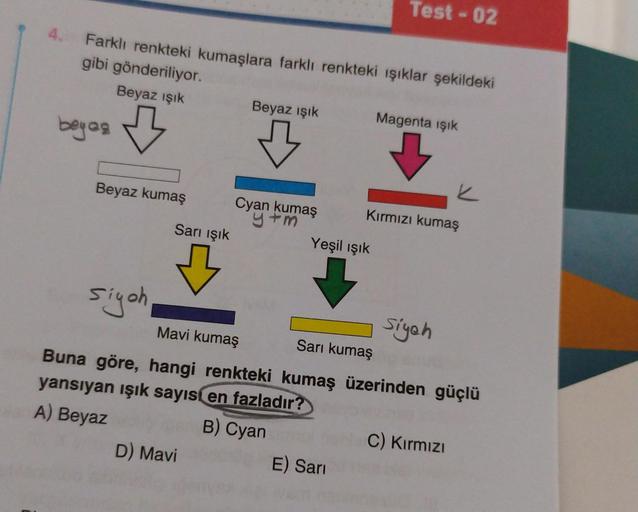 Farklı renkteki kumaşlara farklı renkteki ışıklar şekildeki
gibi gönderiliyor.
Beyaz ışık
bey ag
Beyaz kumaş
Sarı ışık
Beyaz ışık
D) Mavi
Cyan kumaş
y+m
Test - 02
Yeşil ışık
E) Sarı
Magenta ışık
Kırmızı kumaş
siyoh
Mavi kumaş
Sarı kumaş
Buna göre, hangi re