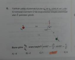 6.
Yalıtkan yatay düzlemde tutulan q ve q, yüklü K ve L yük-
lü noktasal cisimlerin O'da oluşturdukları bileşke elektriksel
alan E şekildeki gibidir.
K
A)-8
ak
Buna göre
qk
qL
2d
B)-2
46
oranı kaçtır? sin60° =
120°
C) 1
d
√√3
-
2
AL
D) 2
→, sin30° =
---
2
E) 8