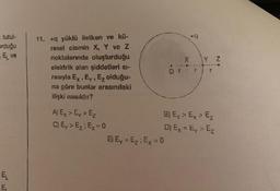 E tutul-
urduğu
Eve
E₁
E₁
11. +q yüklü iletken ve kü-
resel cismin X, Y ve Z
noktalarında oluşturduğu
elektrik alan şiddetleri sı-
rasıyla Ex, Ey, Ez olduğu-
na göre bunlar arasındaki
ilişki nasıldır?
A) Ey > Ey > E₂
C) E, > E₂: Ex=0
+9
E) Ey=E₂; Ex = 0
X Y Z
B) Ey > Ex > Ez
D) Ex = Ey > E₂