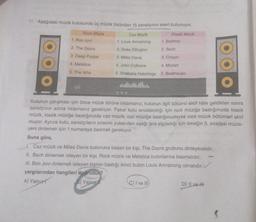 11. Aşağıdaki müzik kutusunda üç müzik türünden 15 sanatçının eseri bulunuyor.
Rock Müzik
1. Bon Jovi
2. The Doors
3. Deep Purple
4. Metalica
5. The Who
Caz Müzik
1. Louis Armstrong
2. Duke Ellington
3. Miles Davis
4. John Coltrane
5. Shabaka Hutchings
Klasik Müzik
1. Brahms
2. Bach
3. Chopin
4. Mozart
5. Beethoven
Kutunun çalışması için önce müzik türüne tıklamanız, kutunun ilgili bölümü aktif hâle geldikten sonra
sanatçının adına tıklamanız gerekiyor. Fakat kutu arızalandığı için rock müziğe bastığınızda klasik
müzik, klasik müziğe bastığınızda caz müzik, caz müziğe bastığınızdaysa rock müzik bölümleri aktif
oluyor. Ayrıca kutu, sanatçıların sırasını yukarıdan aşağı ters algıladığı için örneğin 5. sıradaki müzis-
yeni dinlemek için 1 numaraya basmak gerekiyor.
Buna göre,
C) I ve III
1. Caz müzik ve Miles Davis butonuna basan bir kişi, The Doors grubunu dinleyecektir.
II. Bach dinlemek isteyen bir kişi, Rock müzik ve Metalica butonlarına basmalıdır.
III. Bon Jovi dinlemek isteyen kişinin bastığı ikinci buton Louis Armstrong olmalıdır.V
yargılarından hangileri doğrudur?
A) Yalnız
B) Yalnız
D) Il ve H